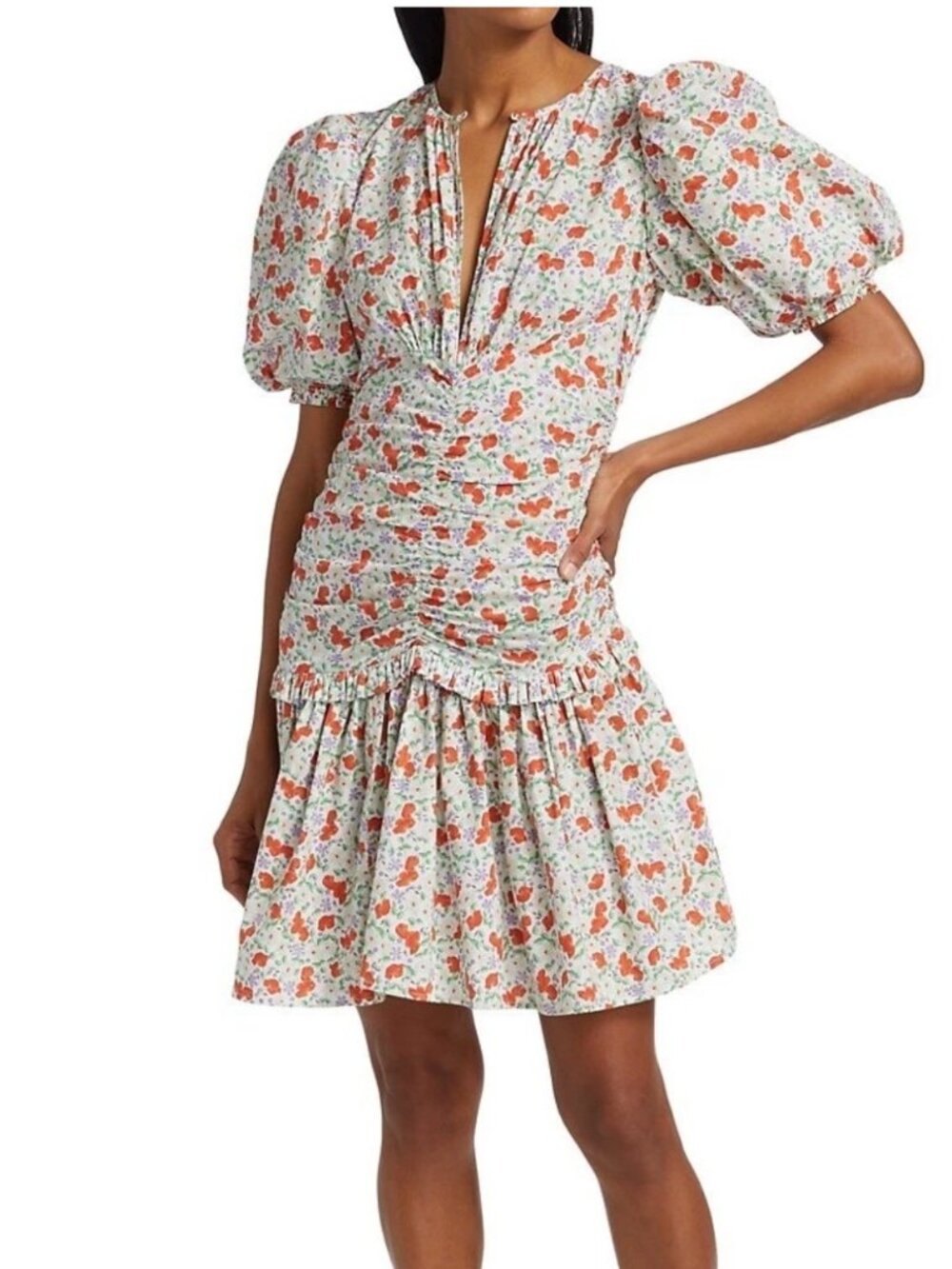 NWT byTimo Floral Smocked Puff Sleeves Cotton Mini Dress in Poppy. Size M